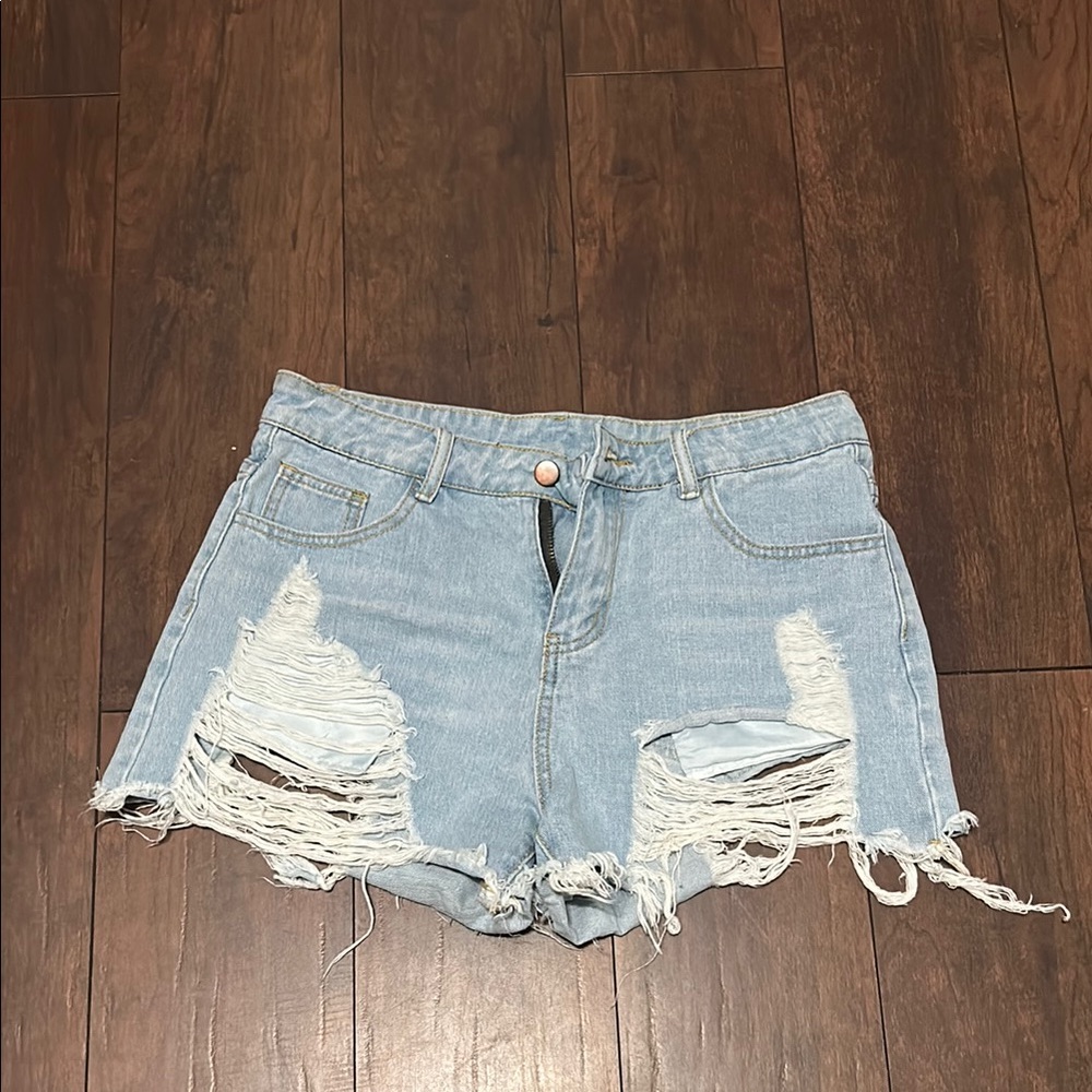 Distressed Light Blue Denim Shorts